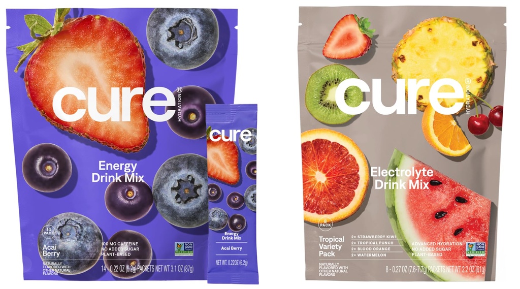 Cure Hydration | Plant-Based Electrolyte Drink Mix | Energy & Dehydration Bundle | No Sugar | Coconut Water |100mg Caffeine | Non-GMO | Vegan | 14-Pack Acai Berry & 8-Pack Tropical Variety
