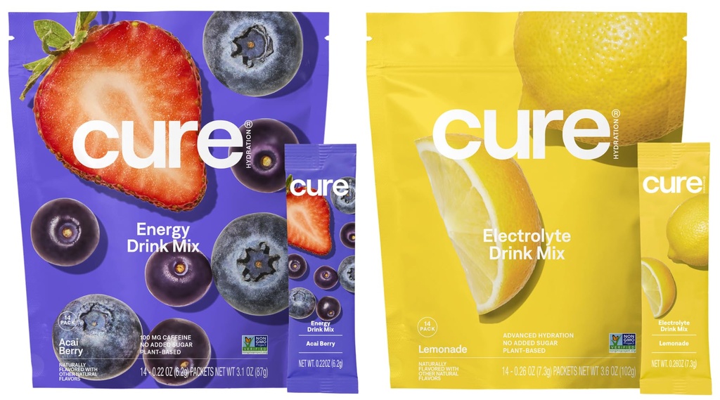Cure Hydration | Plant-Based Electrolyte Drink Mix | Energy & Dehydration Bundle | No Sugar | Coconut Water |100mg Caffeine | Non-GMO | Vegan | 14-Pack Each: Acai Berry & Lemonade