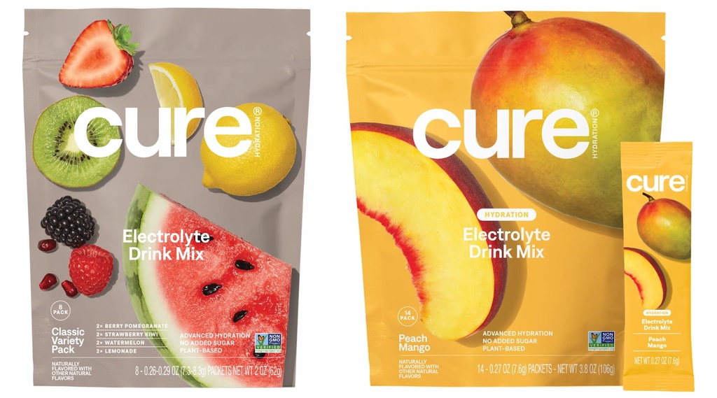 Cure Hydration | Plant-Based Electrolyte Drink Mix | No Added Sugar | Dehydration Relief Powder Made with Coconut Water | Non-GMO | Vegan | 8 Pack Classic Variety & 14 Pack Peach Mango