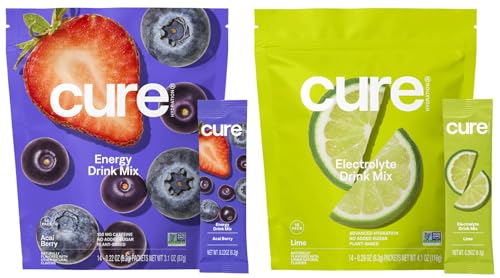 Cure Hydration | Plant-Based Electrolyte Drink Mix | Energy & Dehydration Bundle | No Sugar | Coconut Water |100mg Caffeine | Non-GMO | Vegan | 14-Pack Each: Acai Berry & Lime