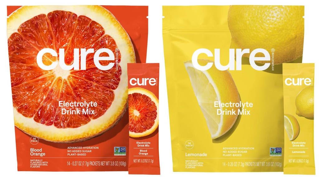 Cure Hydration Bundle | Plant-Based Electrolyte Drink Mix | No Added Sugar | FSA-HSA | Dehydration Relief Powder Made with Coconut Water | Vegan | 28 Packets - Blood Orange & Lemonade