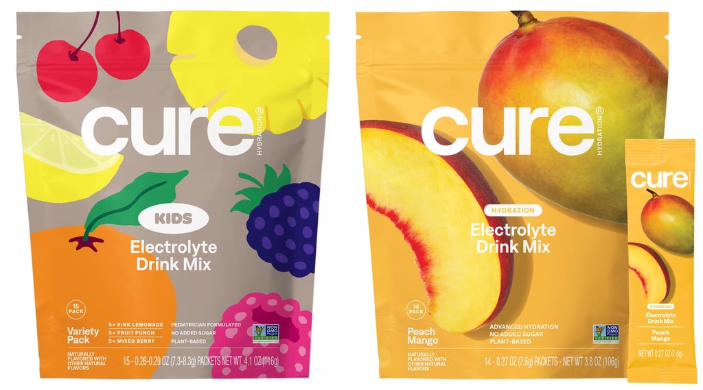 Cure Hydration Family Bundle | Plant-Based Electrolyte Drink Mix | No Added Sugar | Coconut Water | FSA-HSA | Non-GMO | Vegan & Gluten-Free | 15 Pack Kids Variety & 14 Pack Peach Mango