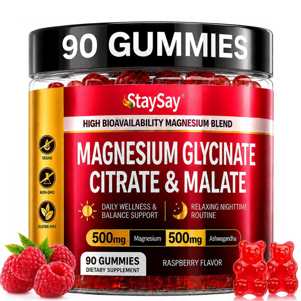 Magnesium Glycinate Gummies 500mg, Sugar Free Withe Ashwagandha, Magnesium Glycinate, Citrate, Magnesium Gummies for Adults, Chewable Supplements for Body Support, Zzz & Relaxation, 90 Count