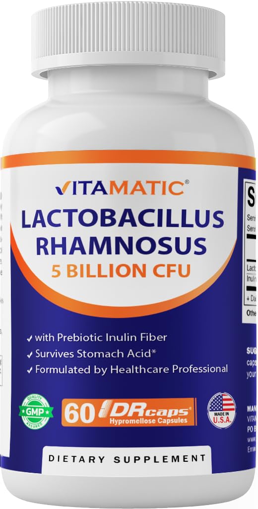 Vitamatic Lactobacillus Rhamnosus 5 Milliarden pro DR-Kapsel (10 Milliarden pro 2 Kapseln) - 60 Count - Advanced Digestive & Immune Support - Hergestellt mit präbiotischer Inulinfaser