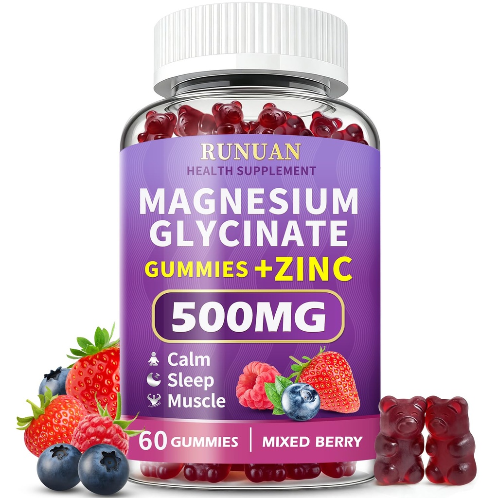 Magnesium Glycinate Gummies 500mg, High Absorption Magnesium Supplement for Women, Men and Kids, Magnesium Gummies for Body Support, Stress Nerve Muscle Relief Relaxation and Zzz, Vegen, 60 Count