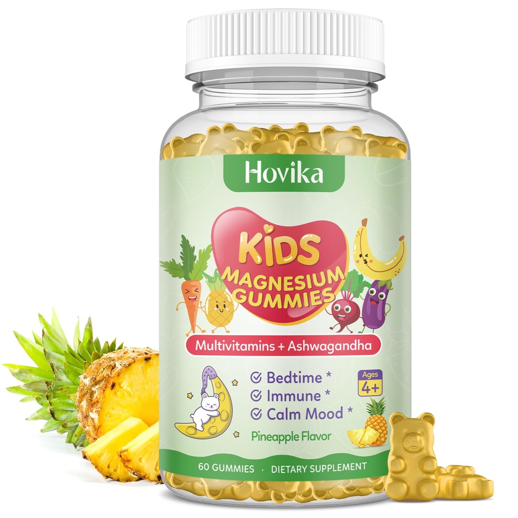 Kids Magnesium Glycinate Gummies, Magnesium Supplement with L-Theanine, Chamomile & Multivitamins for Kids & Adults Sleep, Calm, Relaxation, Sugar Free Pineapple Flavor 60 Gummies