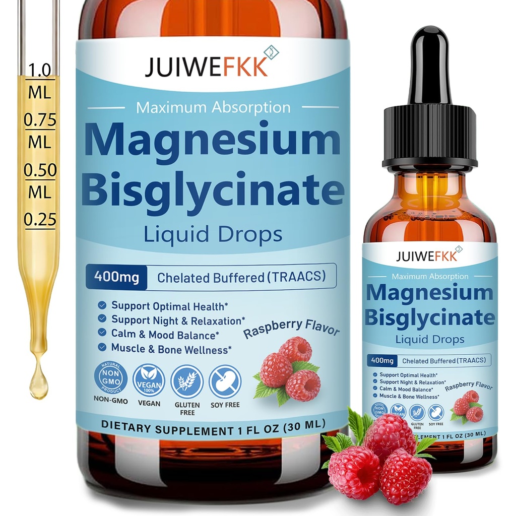 Magnesium Bisglycinate Liquid Drops – Patented Chelate Magnesium Glycinate 400mg for Restful Sleep, Muscle Relaxation & Calm – Raspberry Flavored, Gentle on Stomach – Vegan, Non-GMO for Adults