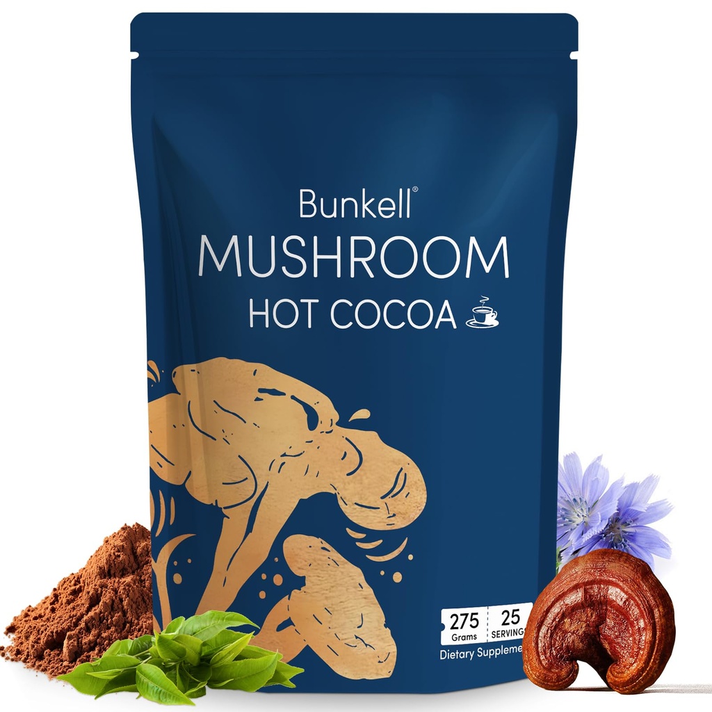 Bunkell Mushroom Hot Cocoa, Adaptogenic Mushroom with Reishi, L-Theanine, Chicory, Melatonin & Glycine, Melatonin, Sleep Hot Cocoa Supplement for Sleep and Stress Support, 25 Servings 1 Pack