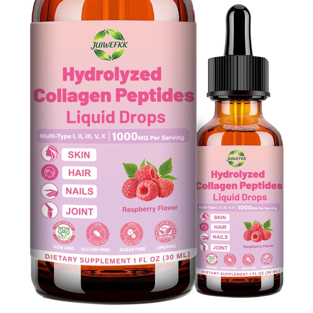 Multi Collagen Peptides Liquid Drop Organic Hydrolyzed Collagen Complex w. Biotin, Vitamin C & Hyaluronic Acid, Liquid Collagen Types I, II, III, IV, V for Hair, Skin, Nails & Bone Health