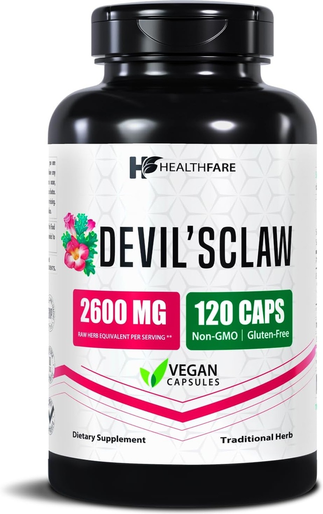 Healthfare Devils Claw Root | 2600mg Kräuterergänzung | 120 Vegan Kapseln | Konzentrierter Wurzelextrakt für Joint Support | Non-GMO, Gluten-Free | Made in USA