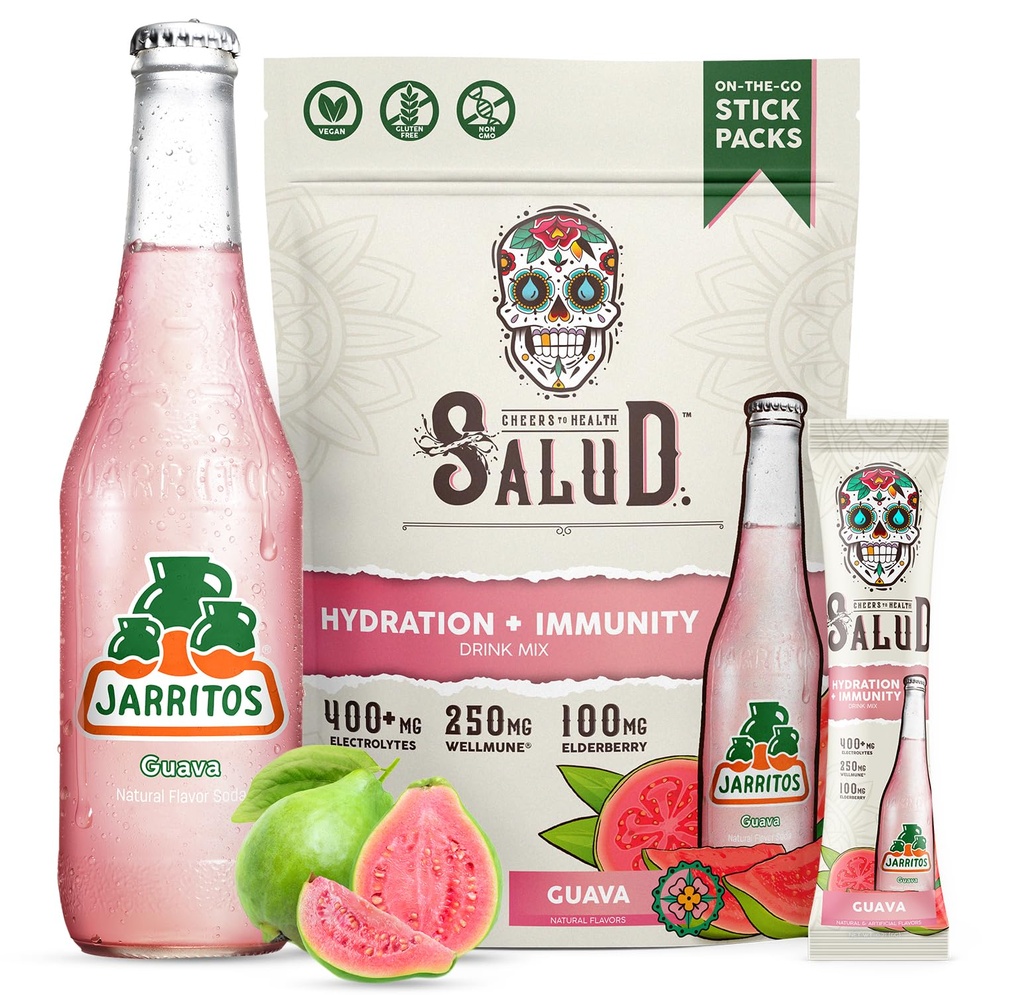 Salud x Jarritos 2-in-1 Hydration Packets + Immunity Electrolytes Powder, Guava - Agua Fresca Drink Mix, Elderberry, Dairy & Soy Free, Non-GMO, Gluten Free, Vegan, 1g Sugar (15 Servings)