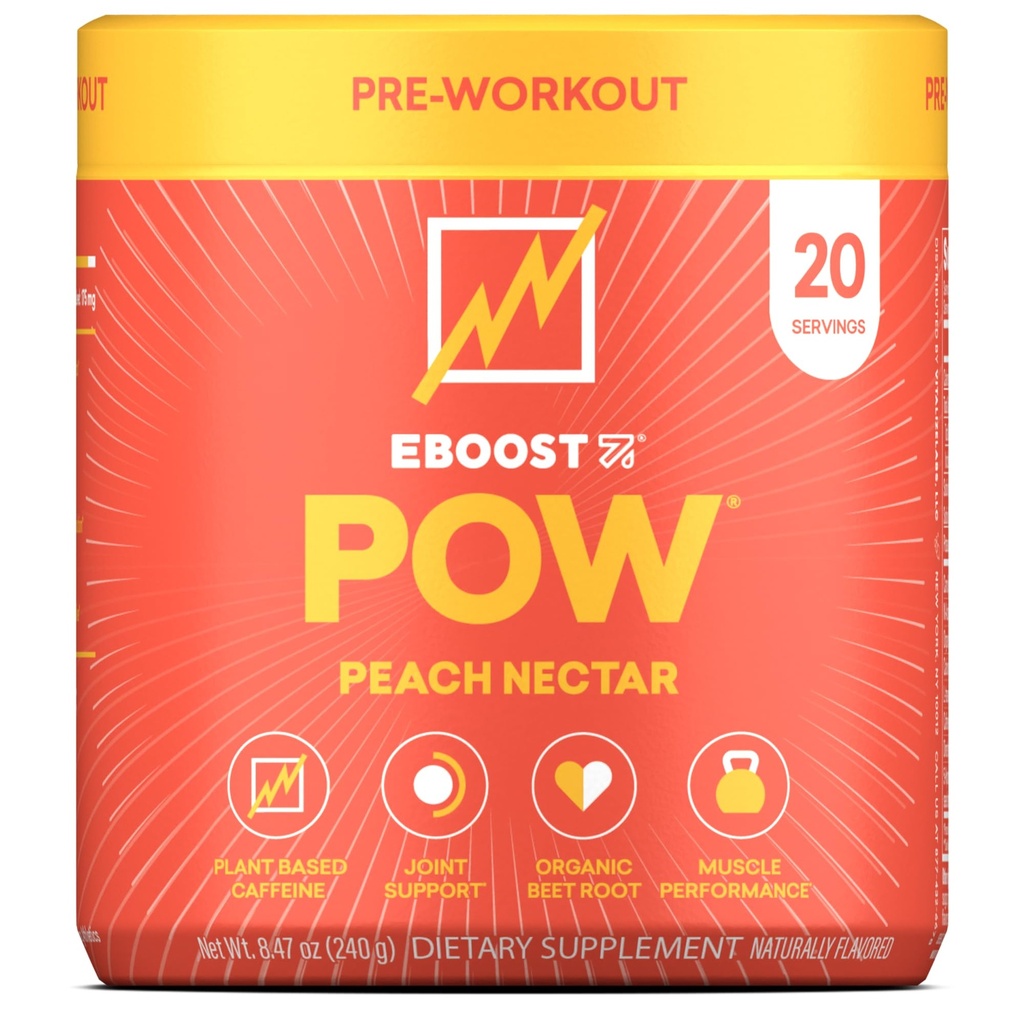 EBOOST POW Natural Pre Workout Powder - 20 Servings, Peach Nectar - Preworkout Energy Booster Gym Supplement Drink Mix for Men and Women - Performance, Joint Mobility Support - Gluten-Free