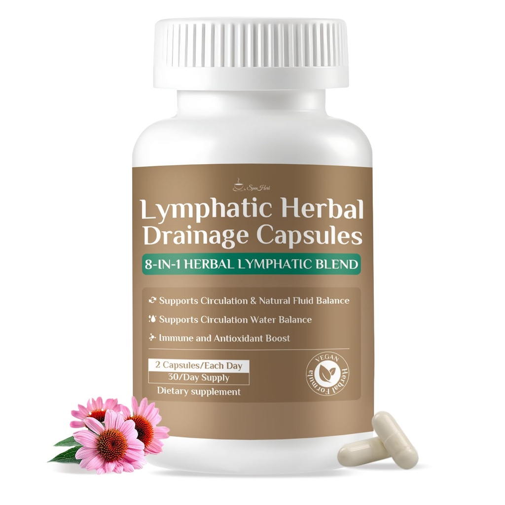 Lymphatic Drainage Capsules Supplements, 8-in-1 Herbal Lymphatic Blend Support Circulation and Natural Fluid Balance, Non-GMO Pure,60 Capsules/1 Pack
