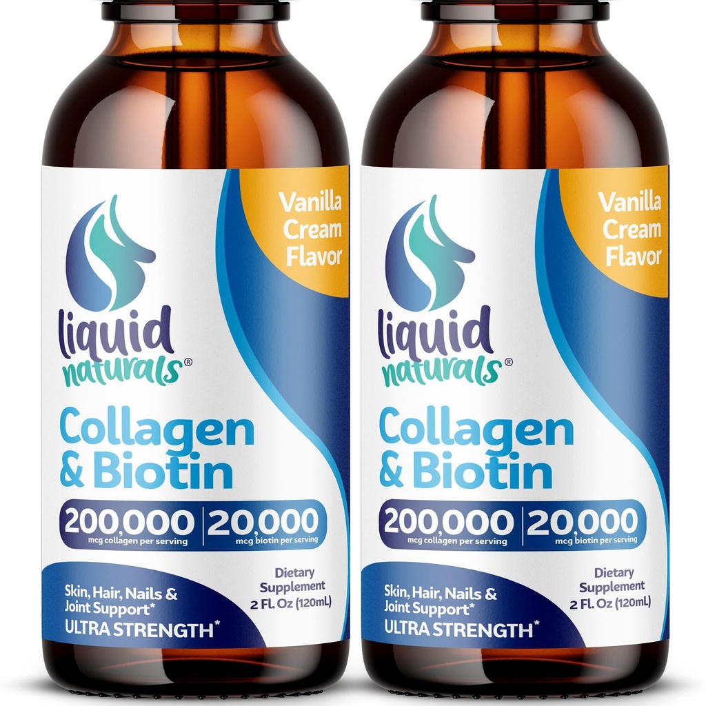 Liquid Collagen and Biotin, 2 Fl. Oz, Ultra-Strength Collagen Supplements für Frauen, Keto Friendly Biotin for Hair Growth Women, Nails, & Skin Vitamins B7 Collageno Peptides – Vanilla Flavor - 2 Pack