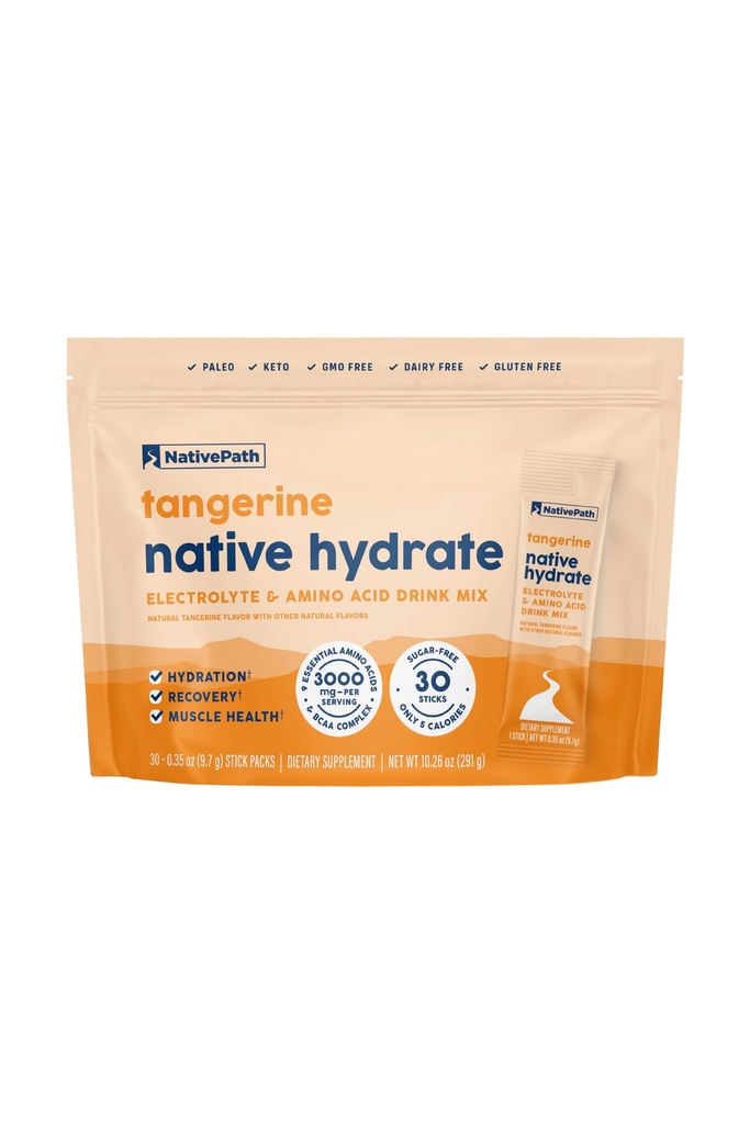 NativePath Hydrate Electrolyte Stick Packs – Zero Sugar Drink Mix with 2,000mg BCAAs, 14 Vitamins & Minerals – Tangerine Keto Hydration, 30 Single-Serve Packets