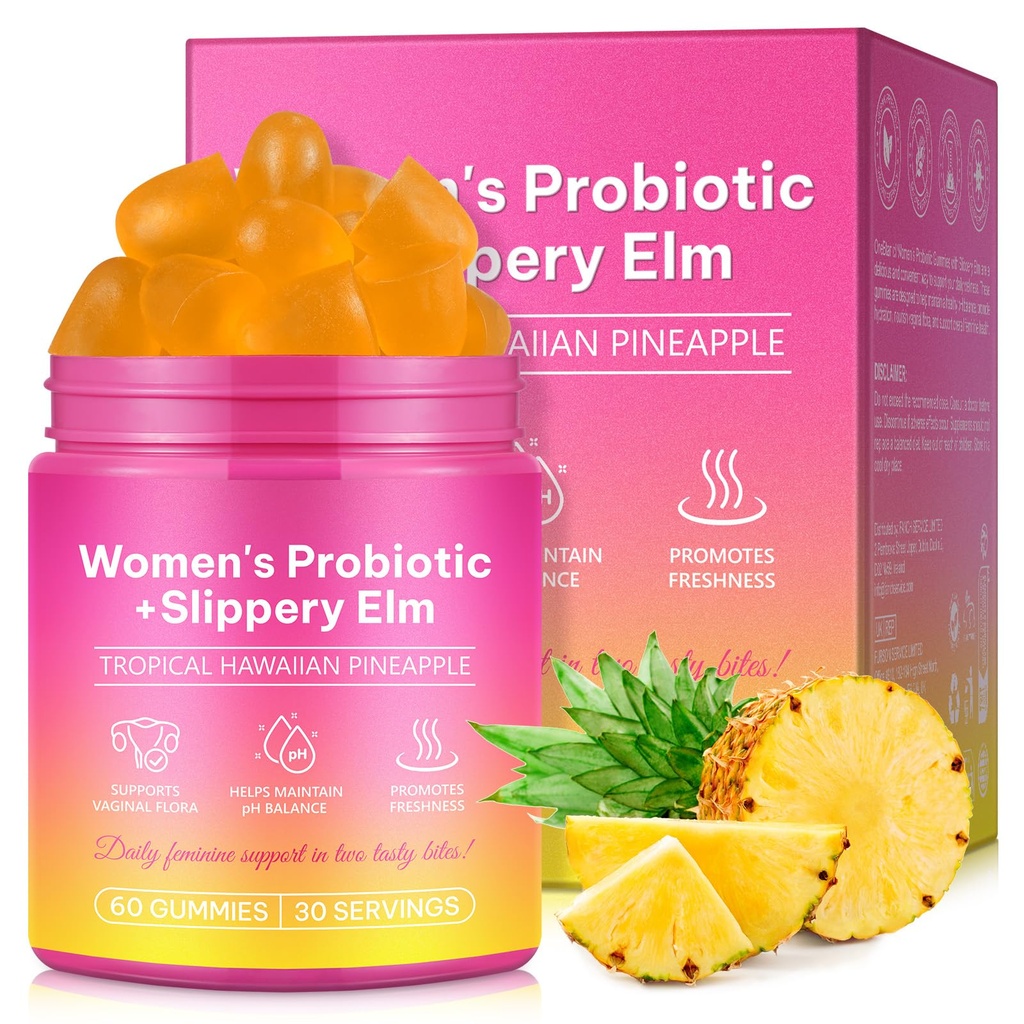 Feminine Probiotics Gummies for Women 60 Count, Vaginal Probiotics Gummies with Slippery Elm, Vegan for Women PH Balance, Gut Health & Immune System, Prebiotics & Lactobacillus Blend Pineapple Flavor