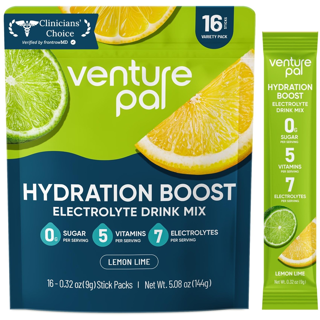 Venture Pal Sugar Free Electrolyte Powder Packets - Liquid Daily IV Hydration Packets for Rapid Rehydration | 7 Electrolytes & 5 Vitamins | Keto Friendly | Non-GMO | Vegan | Fast Dissolve | 16 Sticks