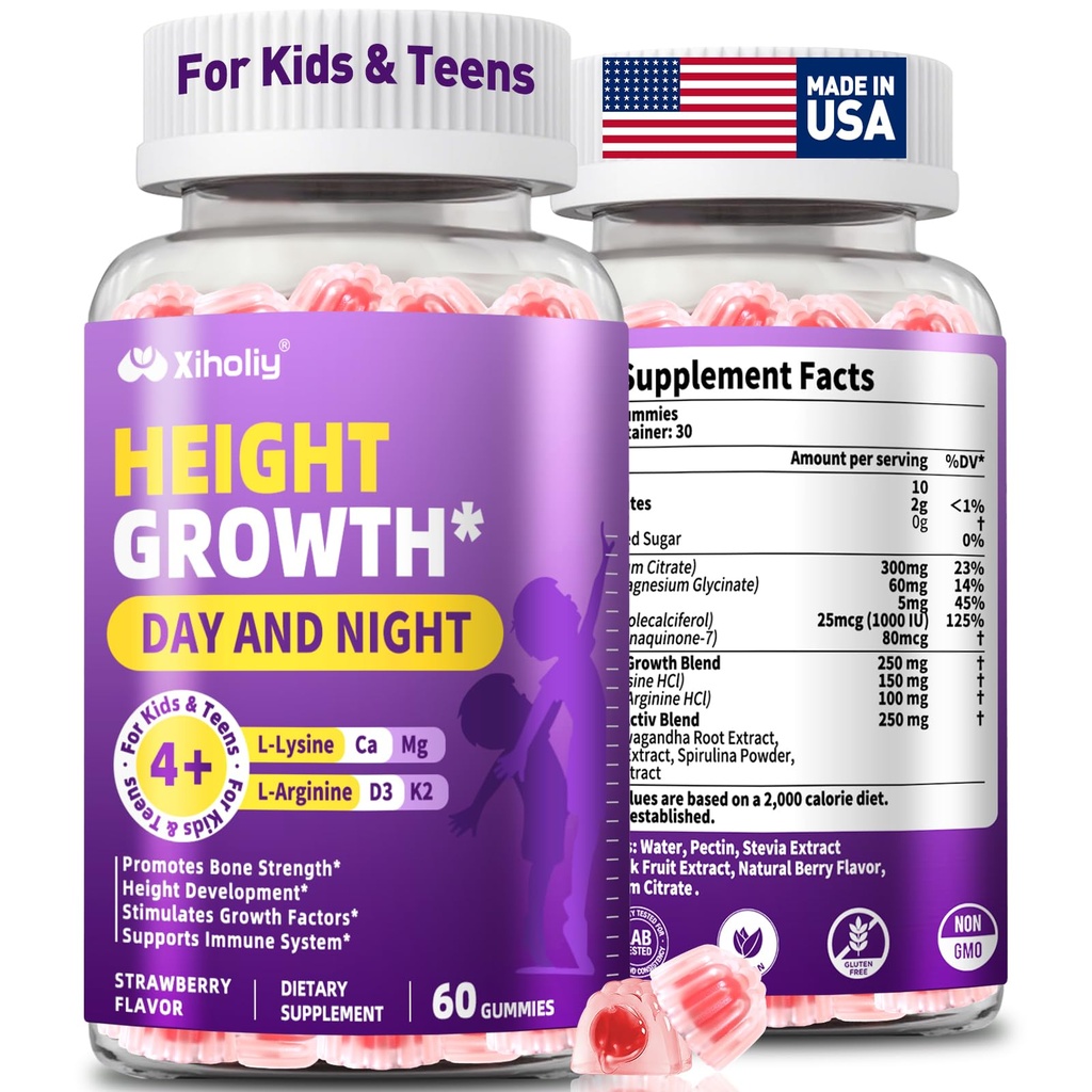 Height Growth Gummies for Kids & Teens - Natural Vitamin Growth Supplement with Calcium, D3K2, Magnesium, Zinc, L-Arginine - Healthy Bone & Immune Multivitamin for Teen Boys Girls in Growing - 60 Chew