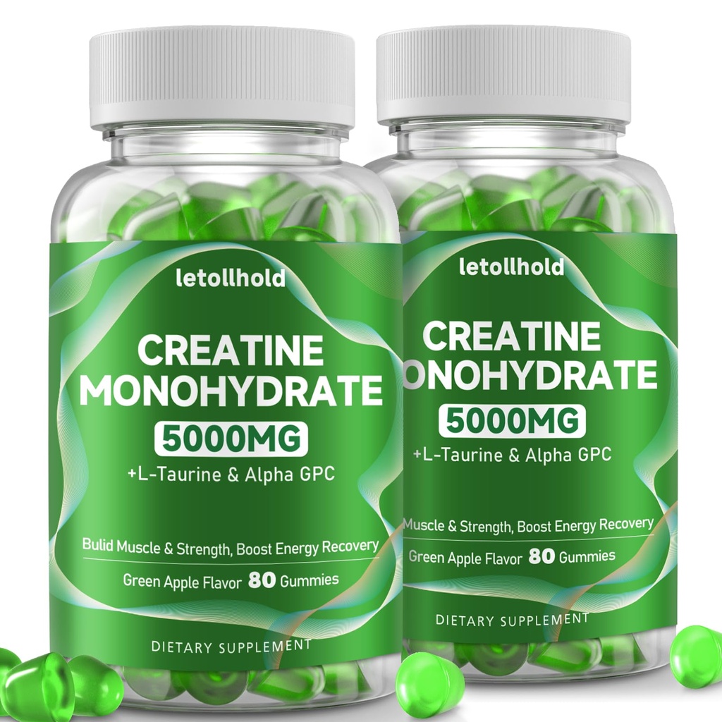 2-Pack Creatine Gummies for Women＆Men - 5g Creatine Monohydrate Gummies with L-Taurine & Alpha Gpc for Boost Focus, Endurance, Strength, and Muscle Growth - Vegan, Non-GMO (Green Apple, 160 ct)