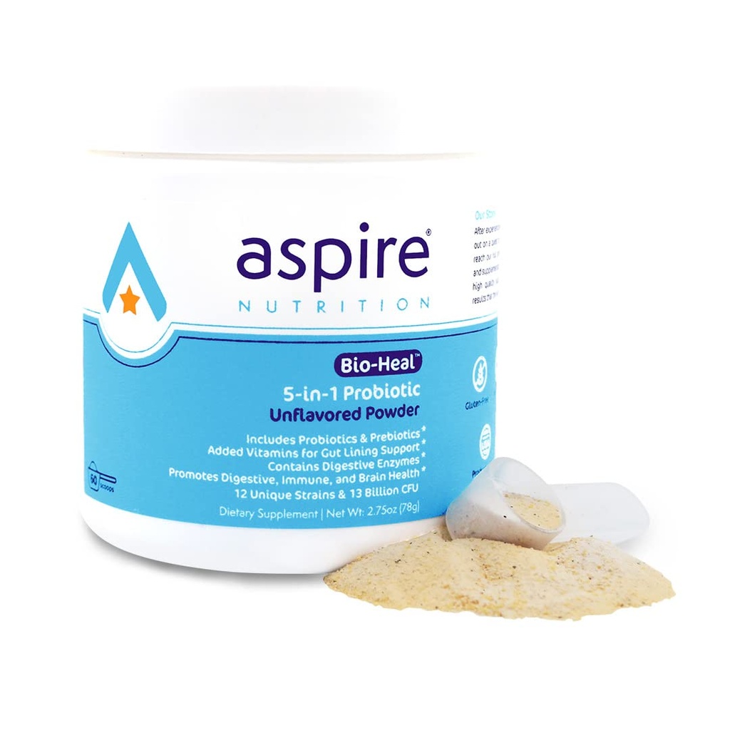 Aspire Nutrition 5-in-1 Bio-Heal® Probiotic for Kids, Men & Women - Beste Ergänzung für Gehirnfunktion, Gut Health & Constipation - Regal Stabil & Fortified with Vitamin, Mineral & Prebiotics - Pulver