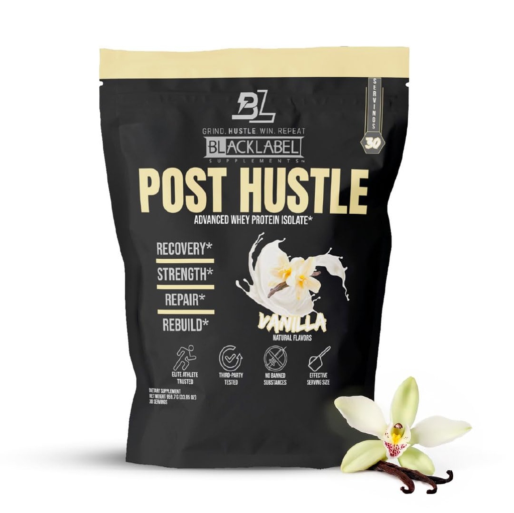 BLACKLABEL Supplements Post Hustle Post Workout Protein Powder, 30 Servings – Whey Protein Isolate Powder with Digestive Enzymes – Post Workout Protein Powder – Vanilla