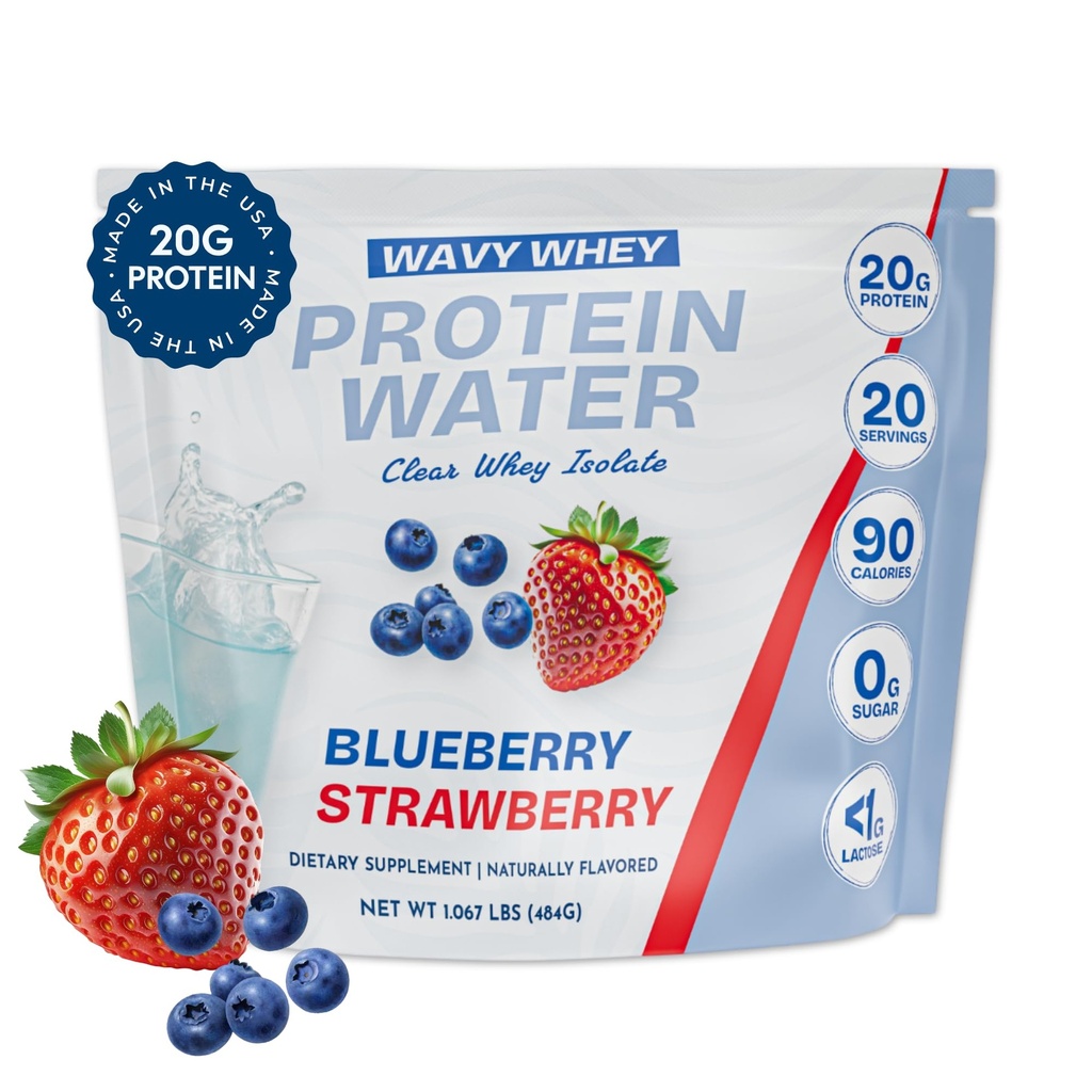 Clear Protein, Protein Water, Blueberry Strawberry 20 Servings 20G Protein, 100% Grass Fed Whey Protein Isolate, 90 Calories, Fitness Drink Supplement Nutrition