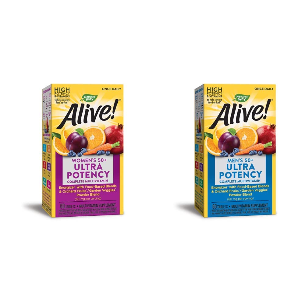 Nature's Way Alive! Once Daily 50+ Multivitamin Bundle: Women's & Men's Ultra Potency, Food-Based Blends, 60 Tablets Each
