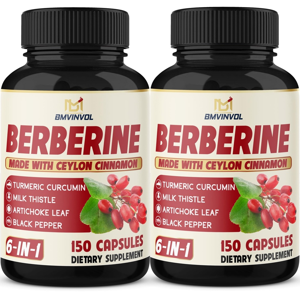 2 Pack Berberine HCl- Plus Ceylon Cinnamon, Turmeric, Milk Thistle, Artichoke, Black Pepper, Berberine HCI Root Supplements Pillen - Immunsystem