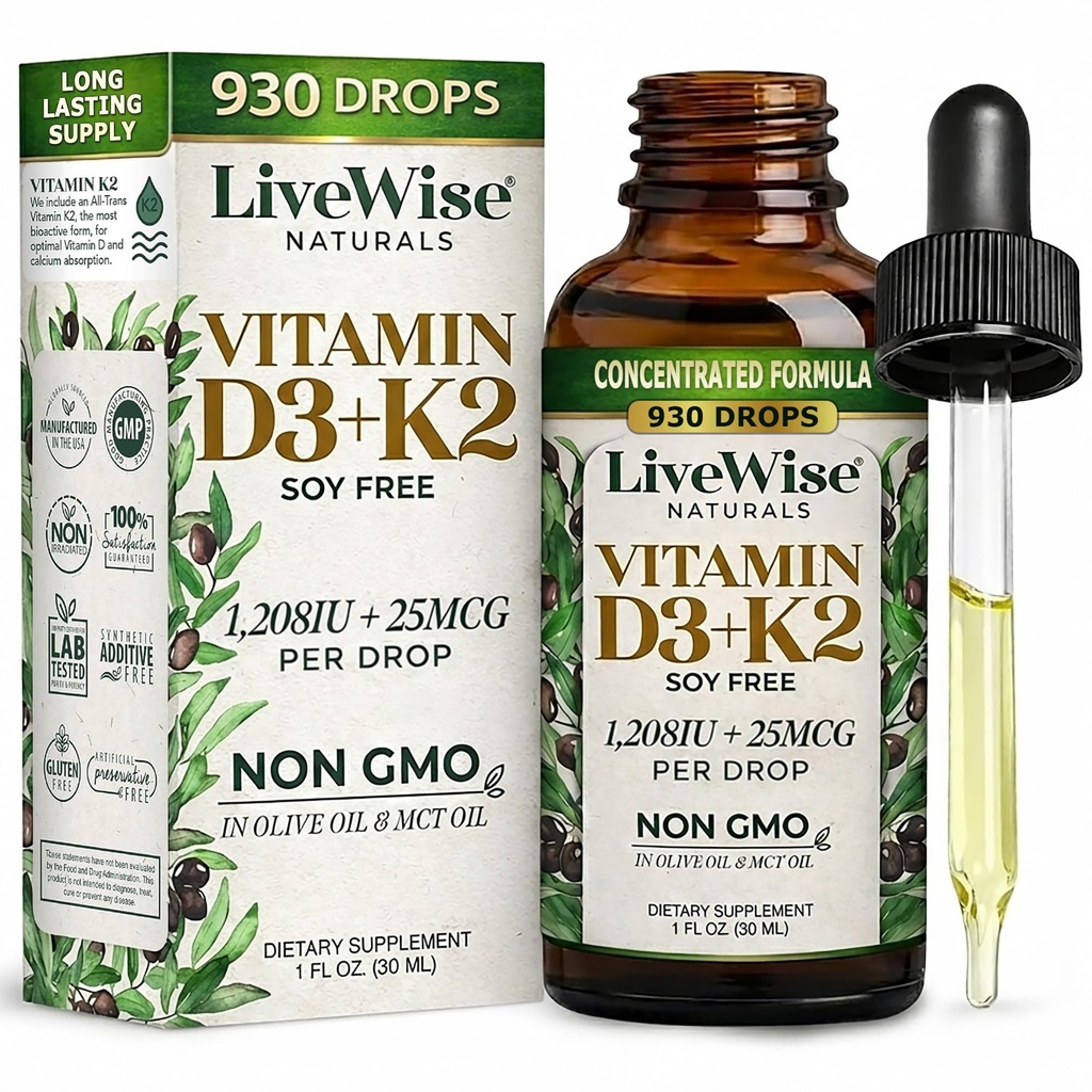Vitamin D3 mit K2 Flüssigkeitstropfen, Alle natürlichen, nicht-GMO, 1208iu D3 und 25mcg K2 (mk7) pro Servieren, unterstützen Sie Ihre Knochen, Immunsystem und Energie Ebenen, mit oder ohne Pfefferminzöl