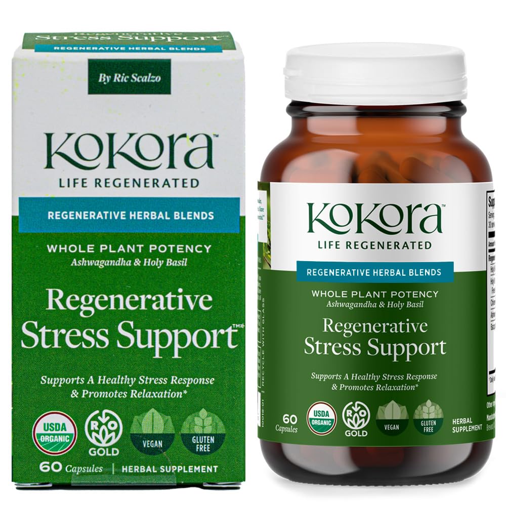 kokora Regenerative Stress Support - Regenerative Organic Certified - Stress Relief, Relaxation, Mental Clarity & Mood*- Bacopa, Holy Basil & Ashwagandha - Vegan & Non-GMO - 60 Capsules - 30 Servings