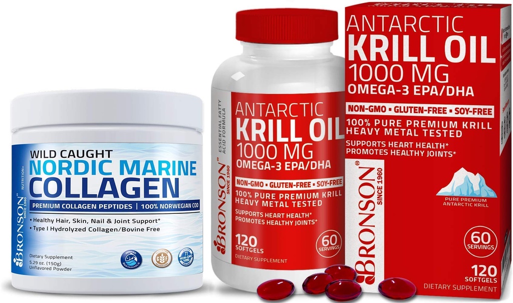 Bronson Marine Collagen Peptide hydrolysiertes Proteinpulver + Antarktis Krillöl 1000 mg mit Omega-3s EPA DHA
