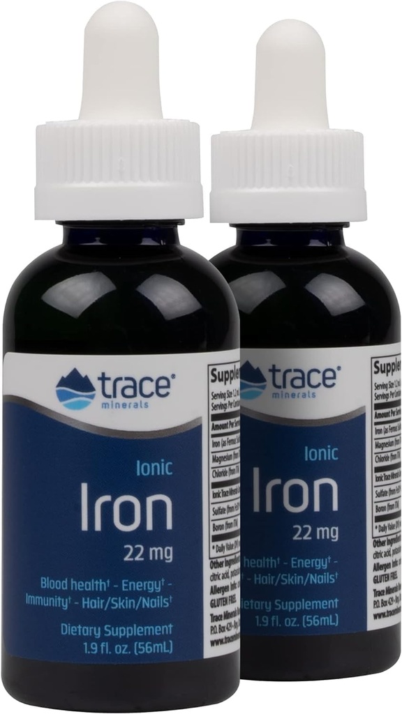 Trace Minerals Ionic Iron, 22mg - Energy Support Supplement mit Magnesium & Eisen - Aid Brain Health & Immun System Function - Glutenfreie Flüssigergänzung - 1.9 fl oz (2 Pack) (92 Servietten)