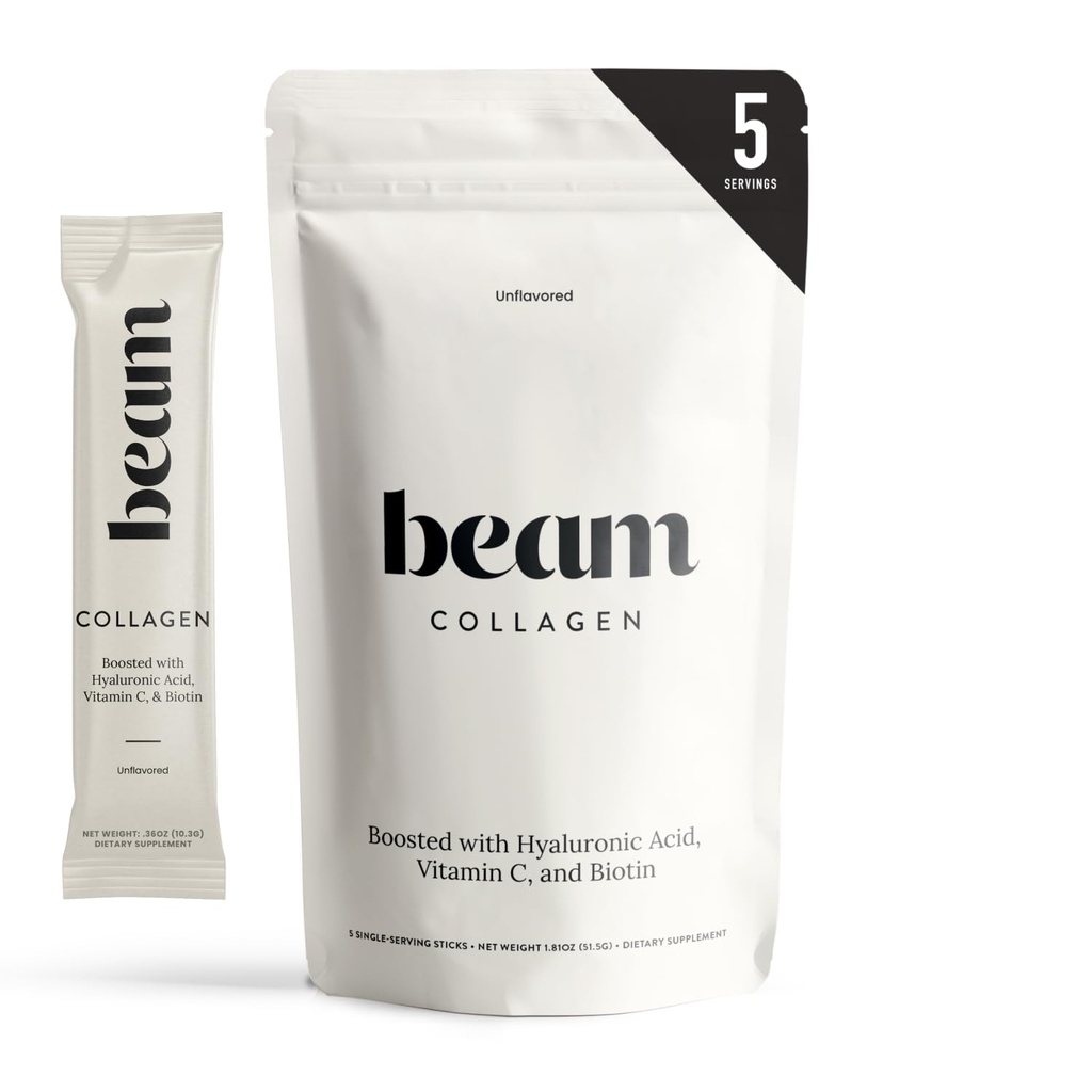 BEAM Collagen Powder, Collagen for Women, Collagen with Hyaluronic Acid, Collagen Peptides Type 1 and 3, with Biotin, Grass Fed Bovine, Third-Party Tested, Best for Coffee, Vitamin C, 5 Servings
