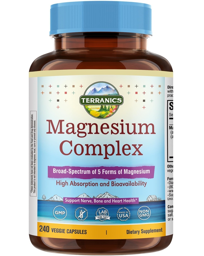 Terranics 5-in-1 Magnesium Complex Supplement 500mg - 5 Forms High Absorption Magnesium Glycinate Citrate Malate Aspartate Gluconate for Sleep Heart Health - Non-GMO 240 Vegan Capsules