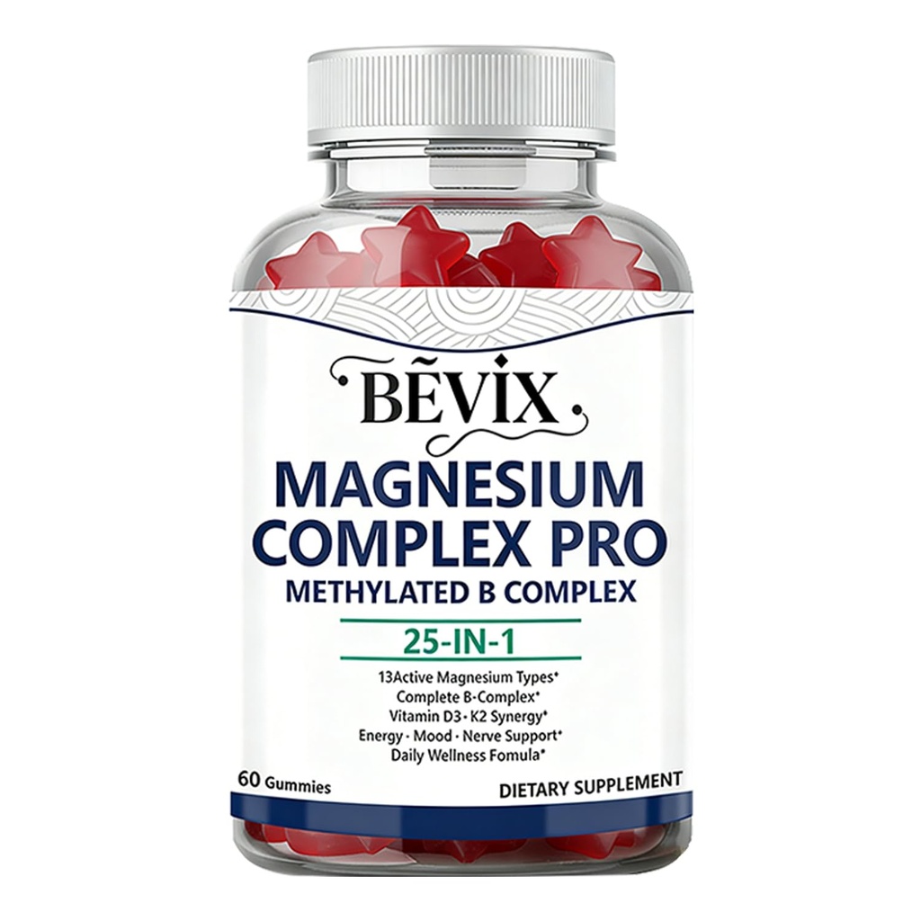 Magnesium Complex Gummies with Methylated B Complex Magnesium Glycinate Citrate Malate Taurate Gluconate Aspartate Carbonate D3 K2, Magnesium for Relaxation Energy & Nerve, 60 Gummies