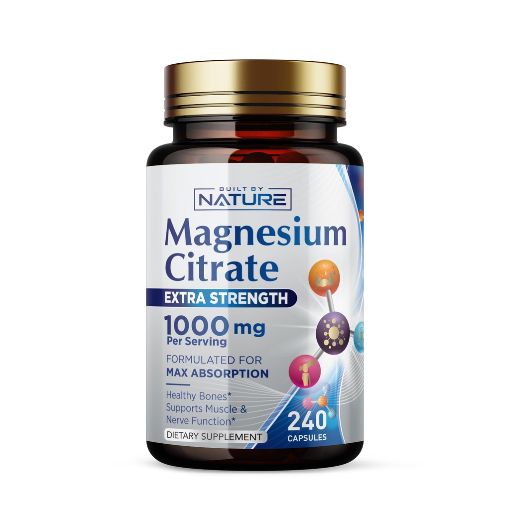 Magnesium Citrate 1000mg - Max Absorption & High Potency Magnesium Complex Supplement for Heart, Muscle, Nerve, Bone Health & Stress Relief - Non-GMO, Gluten-Free - 240 Vegan Capsules