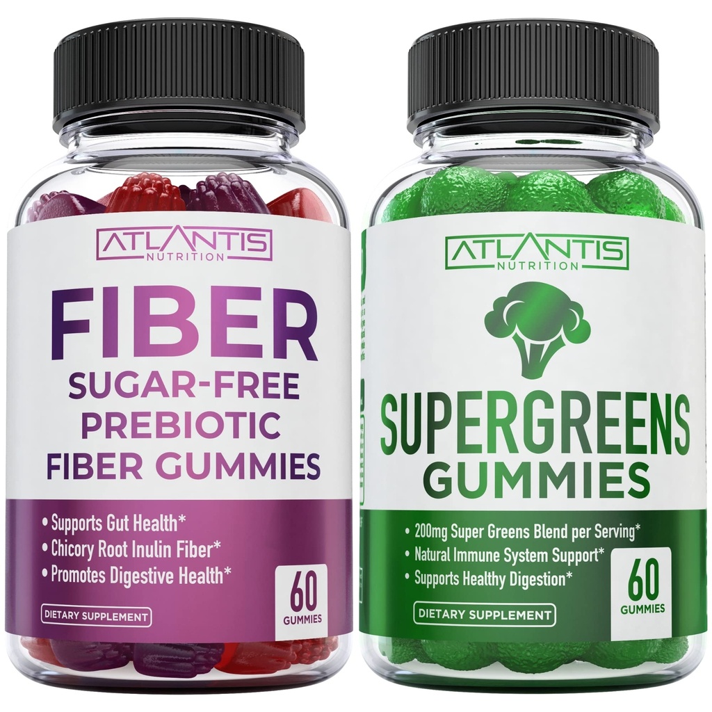 Atlantis Nutrition Sugar Free Prebiotic Fiber Gummis für Erwachsene 2-Pack (120 Gummi) + Supergreens 60 Gummis