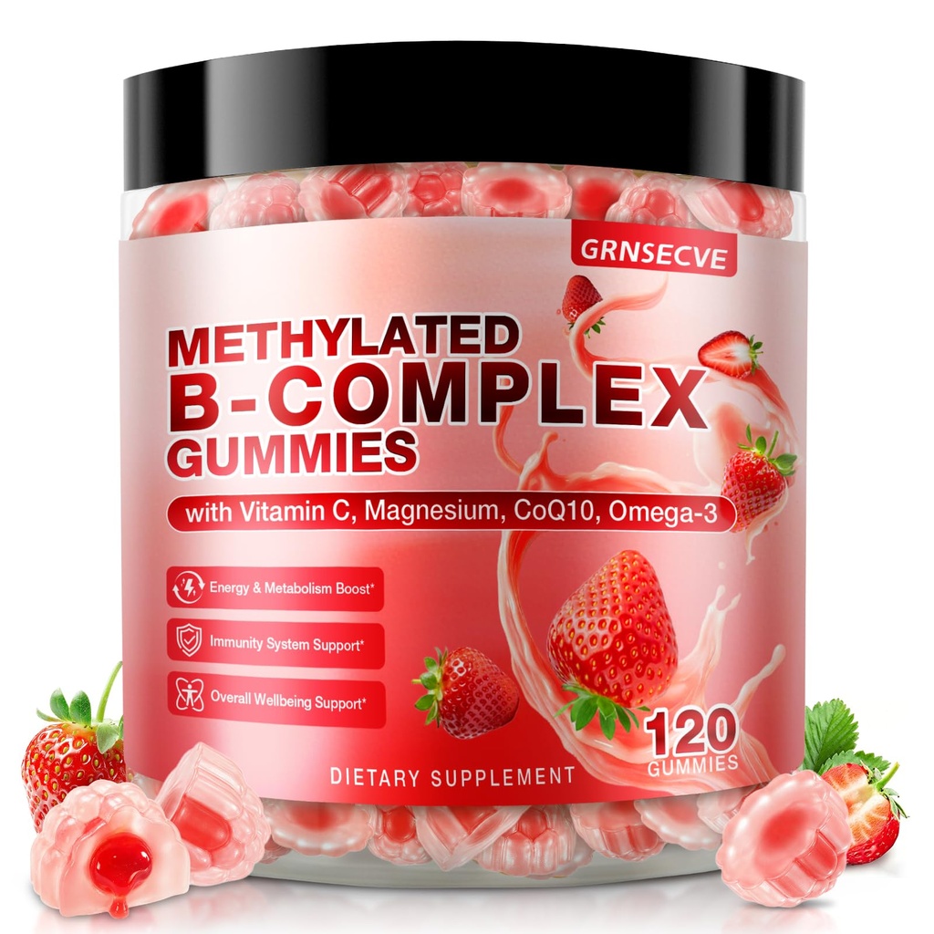 14-IN-1 Methylated Vitamin B Complex Gummies for Women & Men, 120ct, All B Vitamins - Omega-3, Magnesium, Vitamin C, Methyl B12 2000 mcg, PABA, Supports Brain Health, Energy, Immune, Sugar Free, Vegan