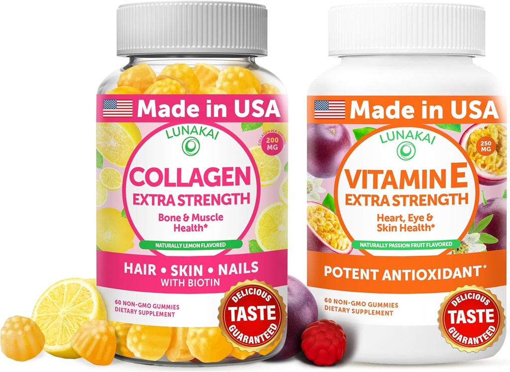 Lunakai Collagen und Vitamin E Gummie Bundle - Non-GMO Anti Aging Ergänzungen für Männer und Frauen - Natürliche Gummy mit Vitamin C & 250 mg Natürliche VIT E
