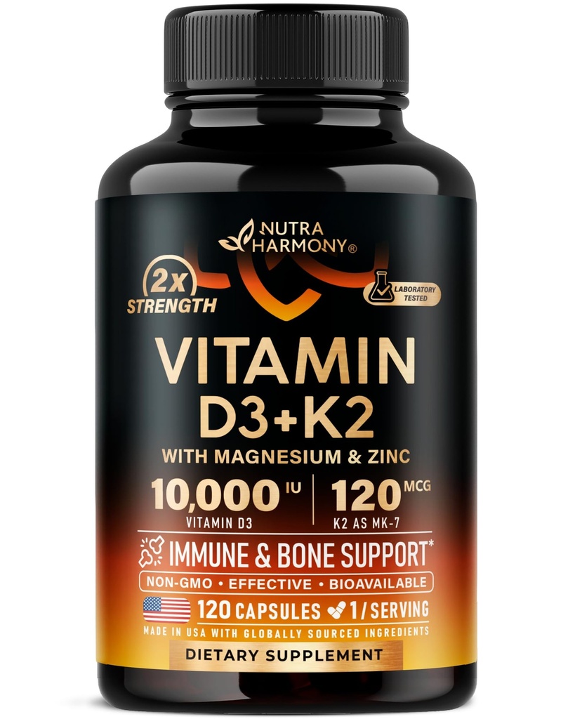 Vitamin D3 K2 - Vitamin D3 10000 iu & K2 als MK-7 120 mcg - Immun- & Mood-Unterstützung, für Knochen & Zähne Gesundheit - mit Magnesium, Zink & Vitamin C & B12 - Hochverfügbar - Made in USA, 120 Kapseln