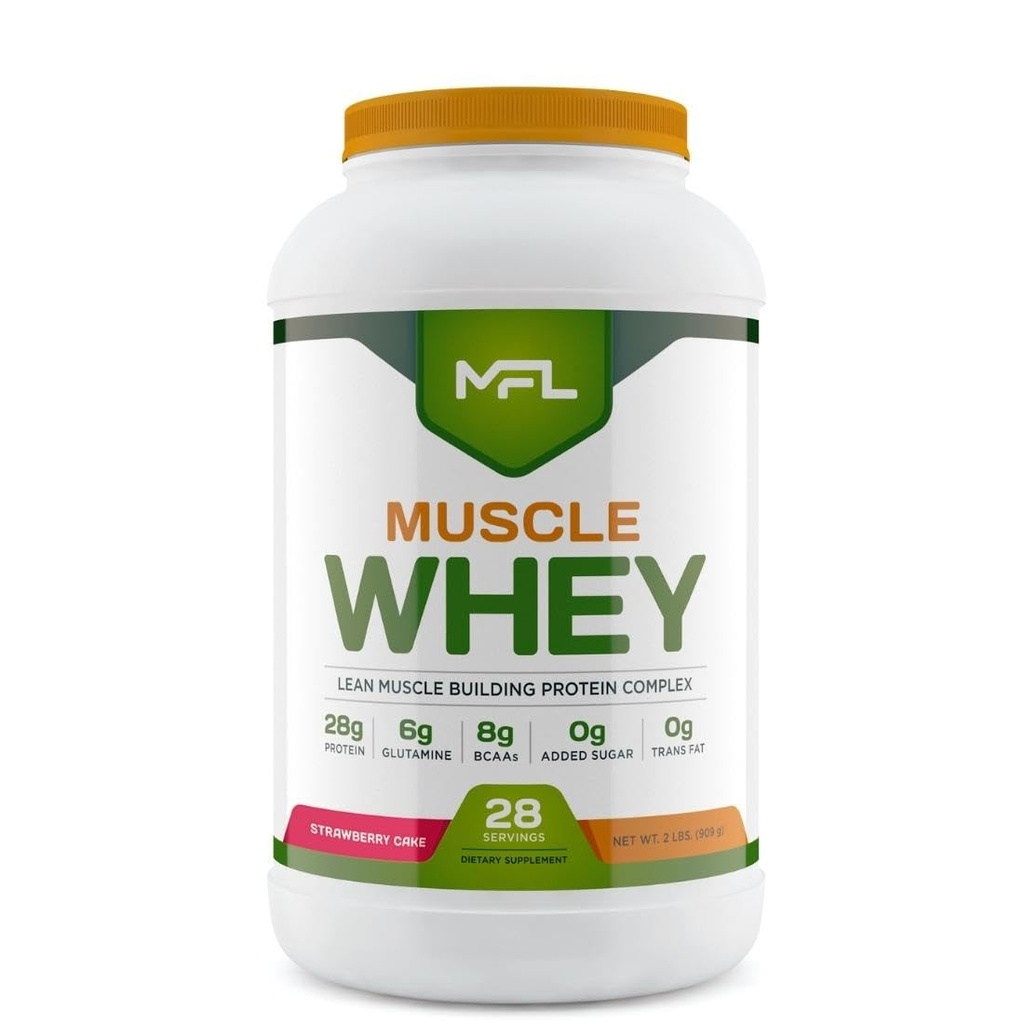 MFL Muscle Whey Protein l 28g of Protein l 8g BCAAs l Keto Friendly l Low Carbs l 2 lbs (Strawberry Cake)