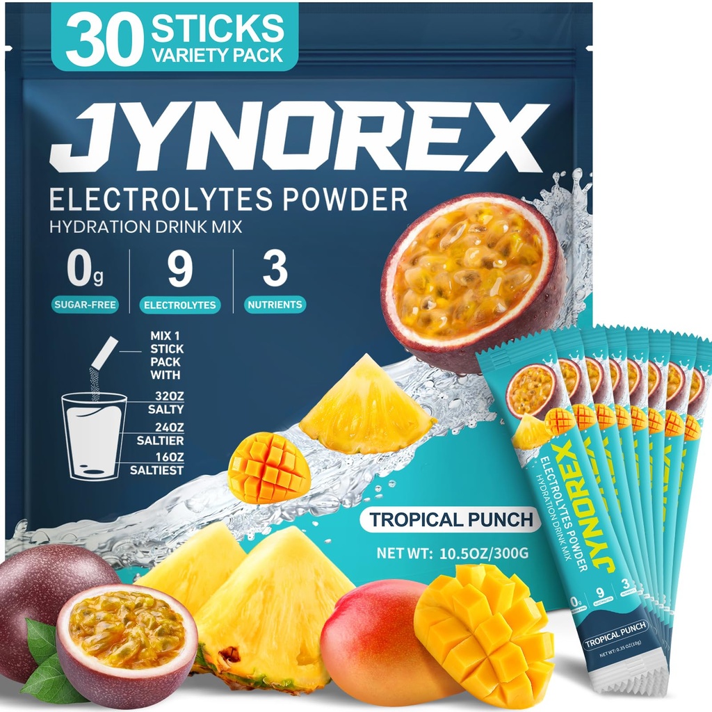 Electrolytes Powder Packets Sugar Free, Electrolyte Drink Mix with Lemon Lime Watermelon Peach Berry Kiwi Tropical Punch Lychee Cranberry, 10.5OZ (30 Servings (Pack of 1), Tropical Punch)