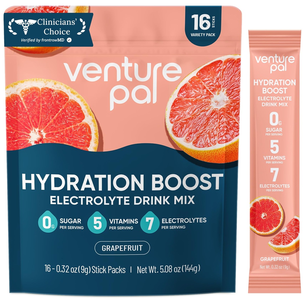 Venture Pal Sugar Free Electrolyte Powder Packets - Liquid Daily IV Hydration Packets for Rapid Rehydration | 7 Electrolytes & 5 Vitamins | Keto Friendly | Non-GMO | Vegan | Fast Dissolve | 16 Sticks