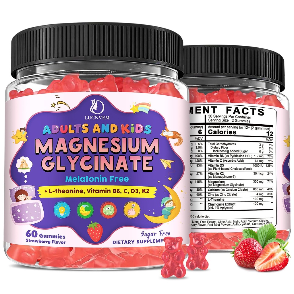Magnesium Glycinate Gummies for Kids 4+ & Adults- Melatonin Free Sleep Aid, Magnesium Glycinate 150/300 mg Supplements for Calm & Relaxation Support, Sugar Free Strawberry Flavor, 120 Ct