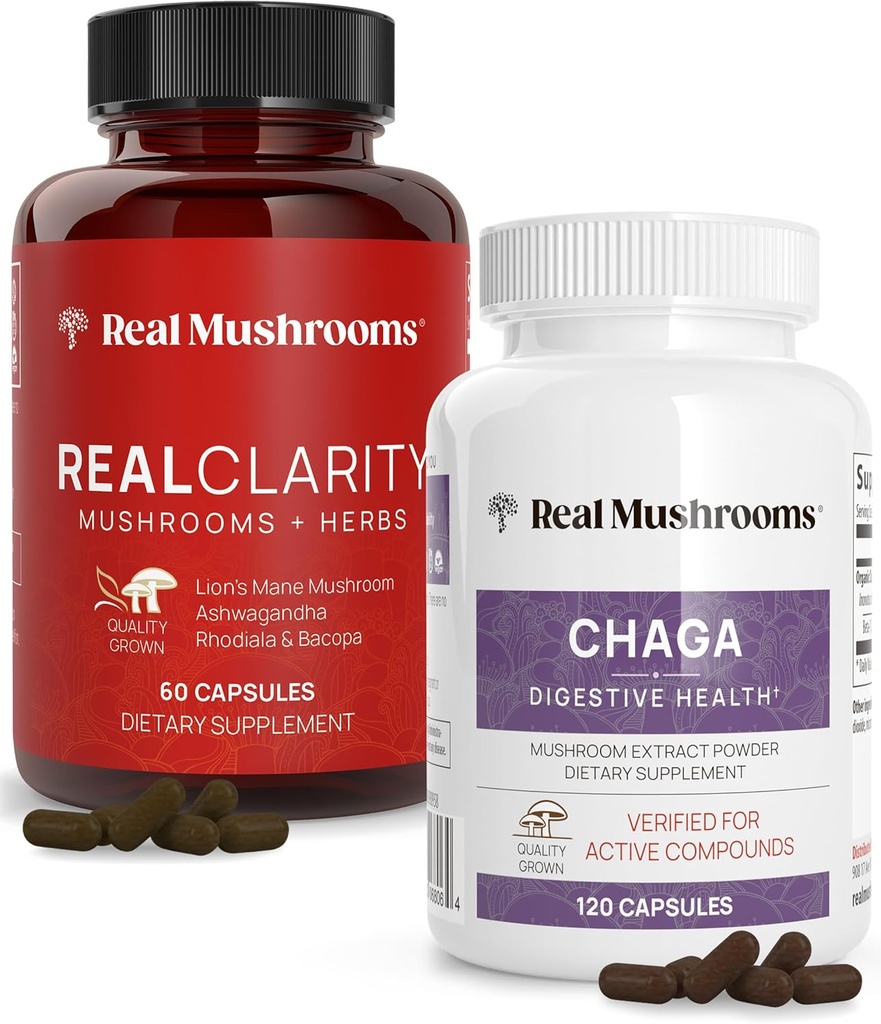 Reale Pilze RealClarity (60ct) und Chaga (120ct) Kapseln Bundle - Pilzergänzung für Psychische Klarheit, Fokus, Verdauungs- und Immununterstützung - Vegan, Non-GMO, Verifizierte Ebenen von Beta-Glucans