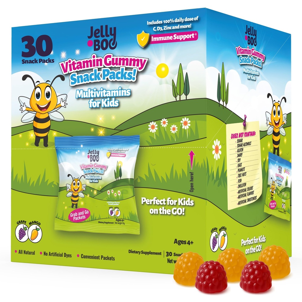 Kids Daily Multivitamin - Healthy Snacks For Kids – No Sugar, No Dyes, Monk Fruit Sweetened, Vegan, Gluten-Free- 100% Daily Value of Vitamins C, D3, Zinc – 30 Travel Lunch Packs of Sugar Free Gummies