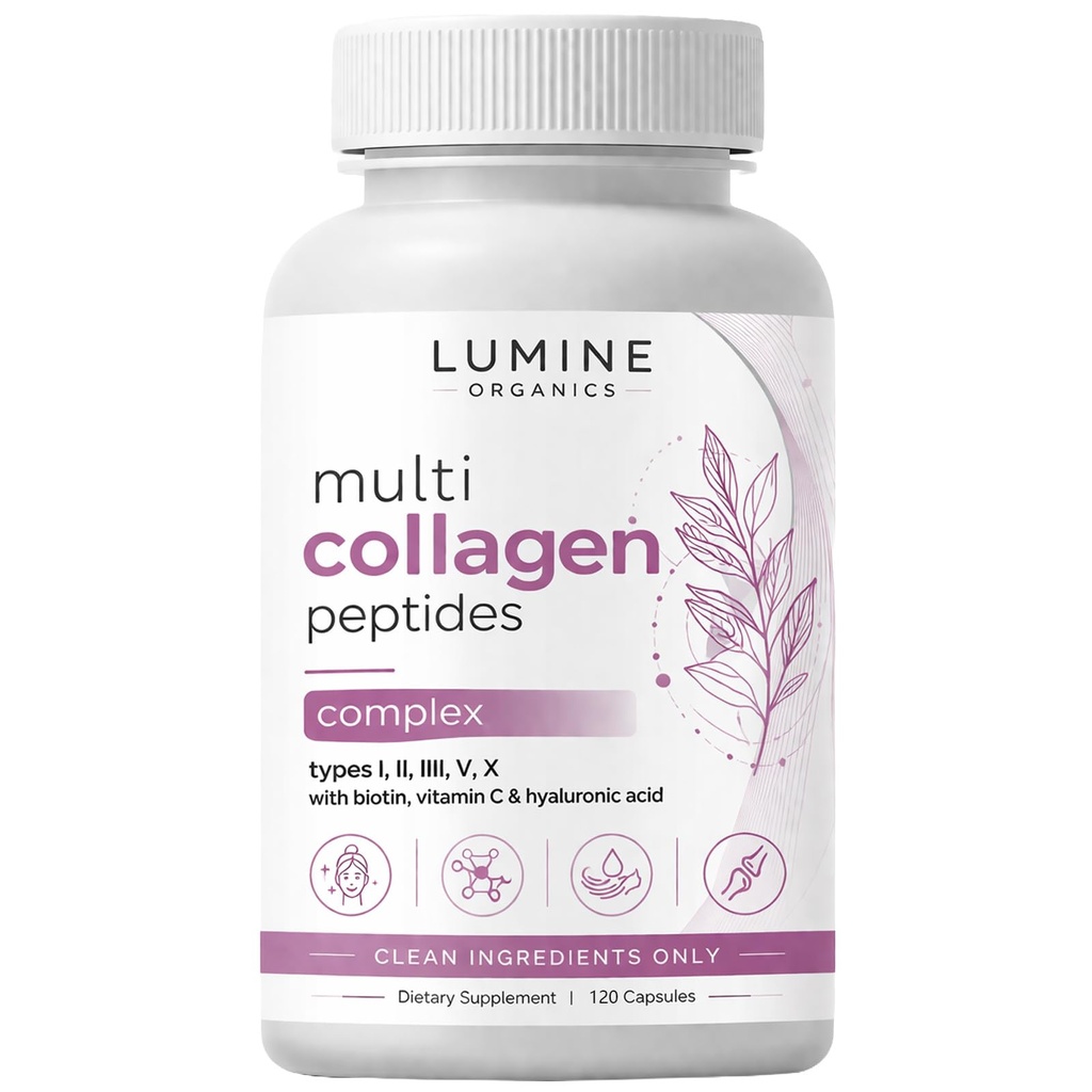 Lumine Organics Collagen Peptides – Multi Collagen Complex Types I, II, III, V & X with Vitamin C & Hyaluronic Acid – Hydrolyzed Collagen - 120 Capsules
