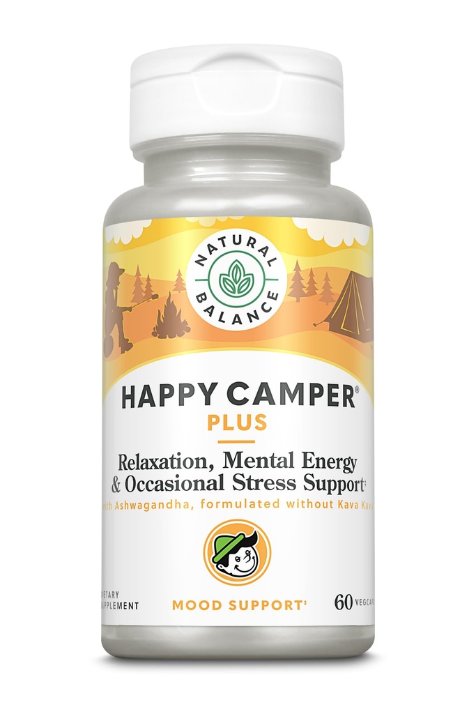 Natural Balance Happy Camper Plus - Supports Relaxation, Mental Energy, Occasional Stress w/KSM-66 Ashwagandha, L Theanine 200mg, Passion Flower, Lemon Balm, Holy Basil, 60-Day Guarantee, 30 Servings