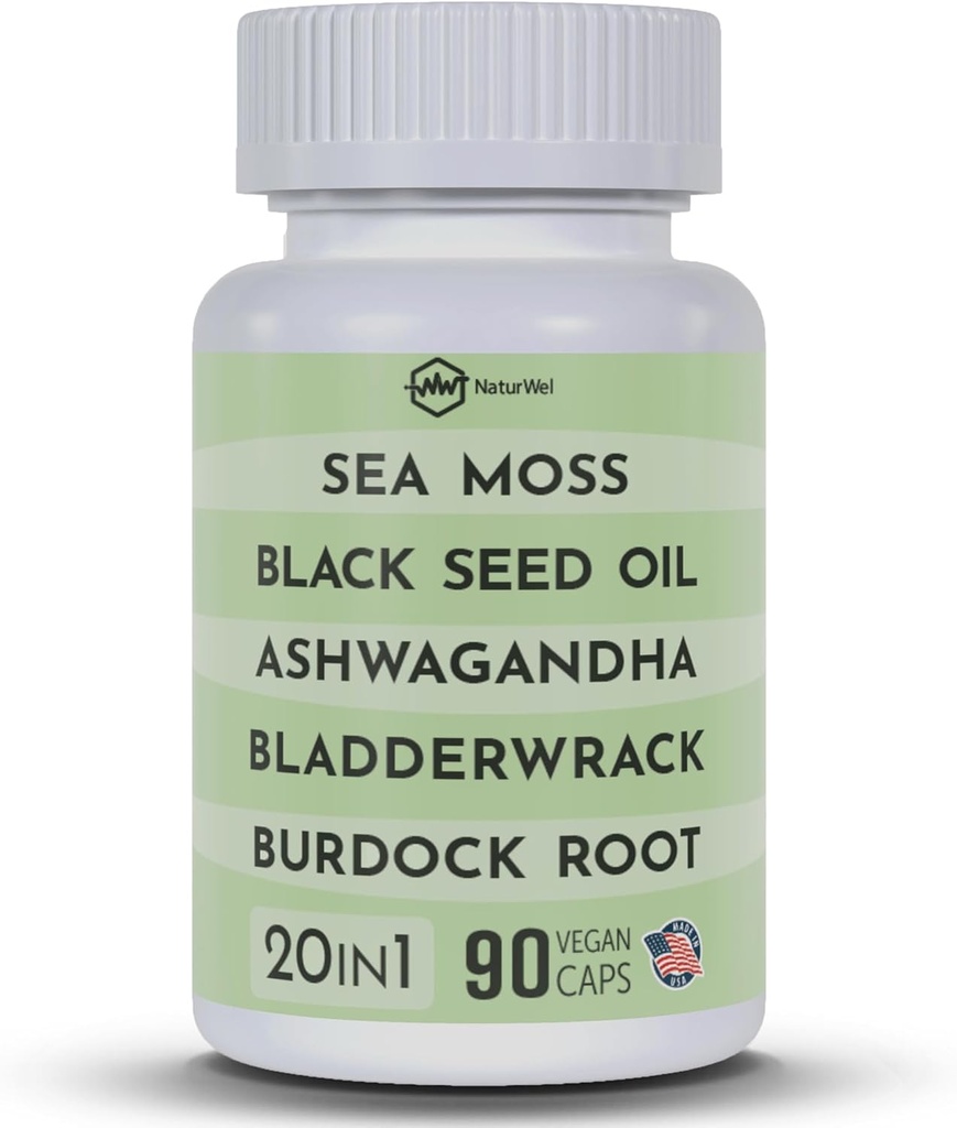 Schwarzes Seed Öl 3000mg Sea Moss 3000mg Ashwagandha 1000mg Turmeric 1000mg Burdock 1000mg Bladderwrack 1000mg & Elderberry Manuka Chlorophyll Dandelion Yellow Dock - (90 Kapseln Pack von 1)
