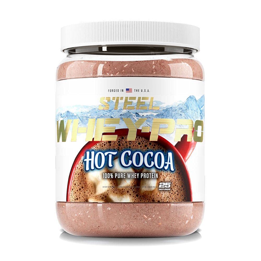 Steel Supplements Whey-Pro | 100% Pure Whey Protein Powder for Men and Women | Hot Cocoa | Muscle Gain & Lean Muscle Recovery | Gluten Free | 1.69 lbs | BCAA 5g | Non-GMO | 25 Servings